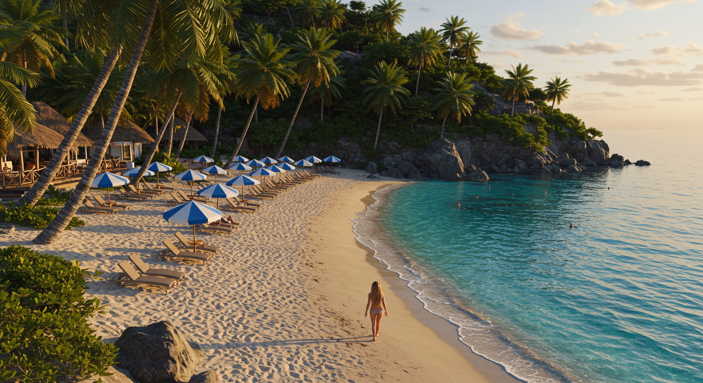 Beach vacation showing tropical paradise with clear water, sand, and coastal scenery