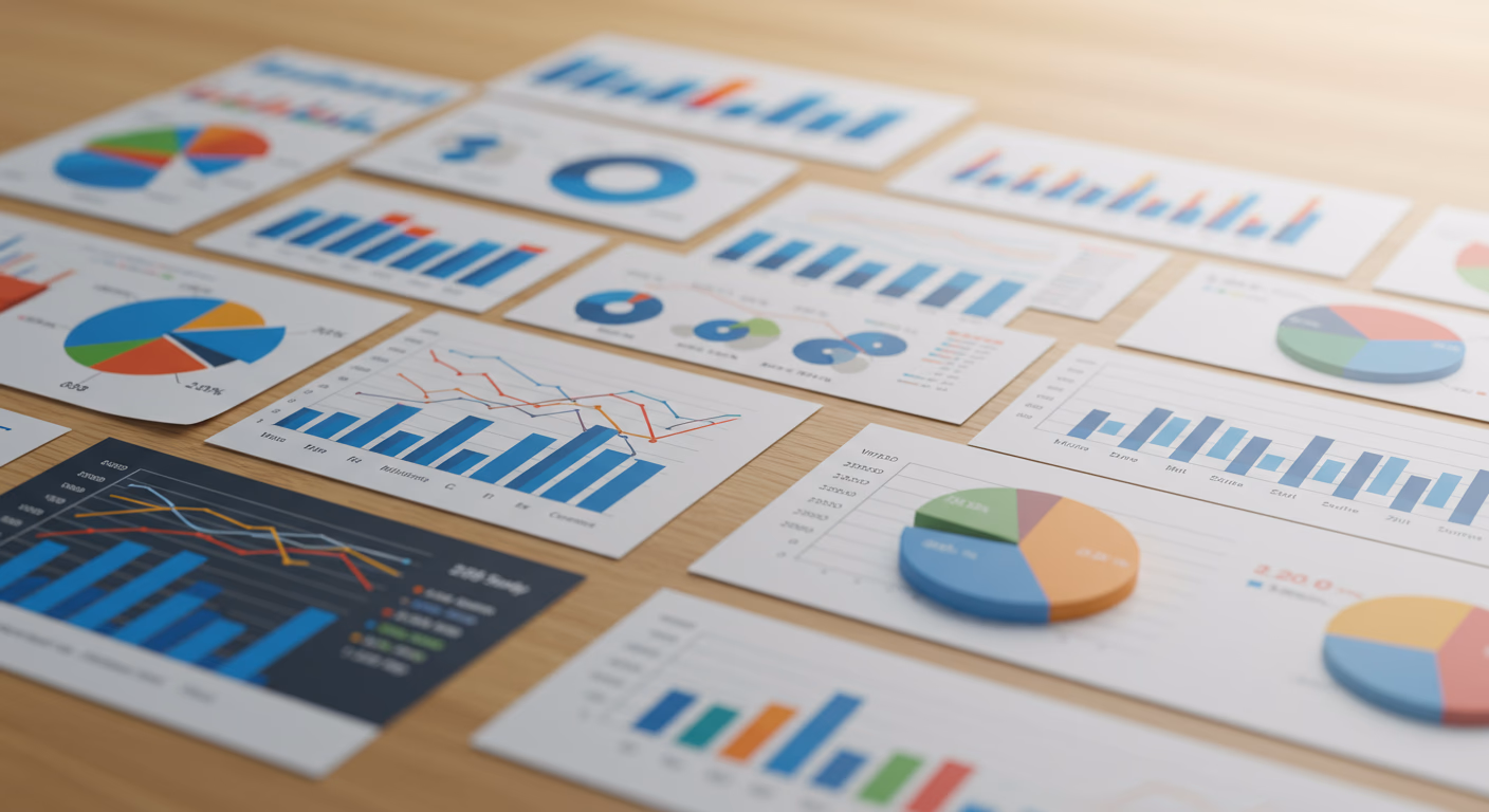Business charts showing financial data with colorful graphs and statistics