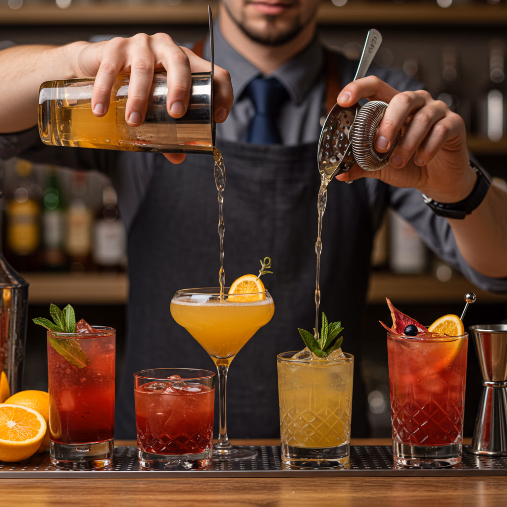 Cocktail Recipes Drink Mixing Beverage Presentation Cocktail recipes showing colorful drinks with garnishes and professional beverage presentation