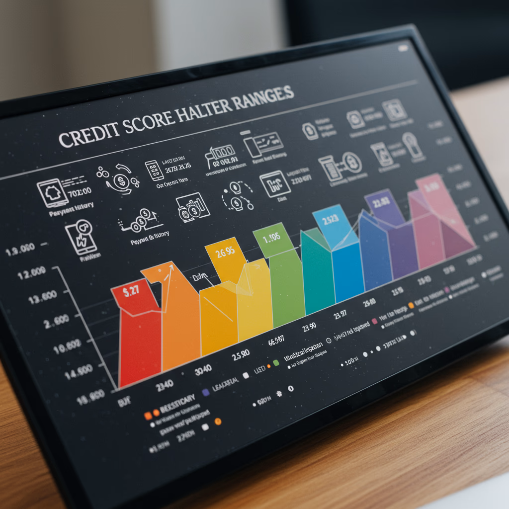 Credit score chart showing rating scale from poor to excellent with colorful indicators