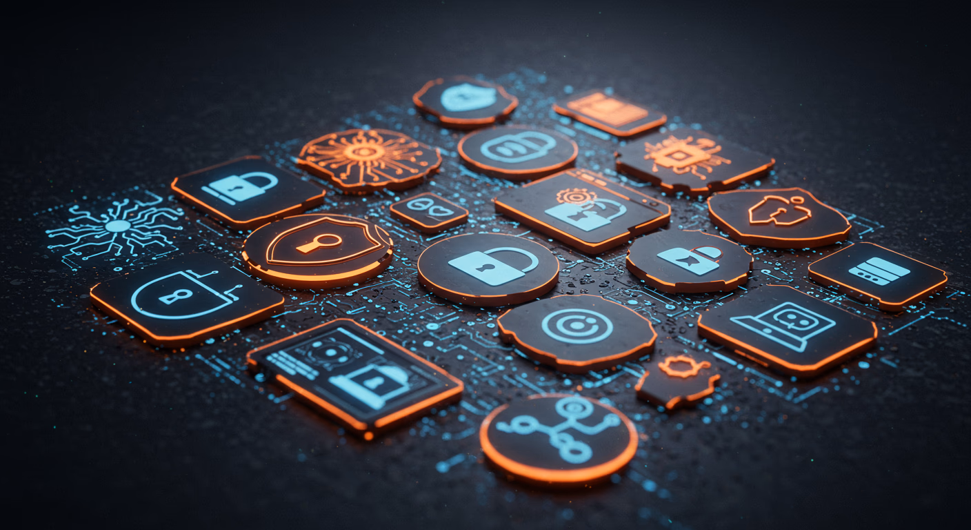 Cybersecurity icons showing shield, lock, and digital protection symbols