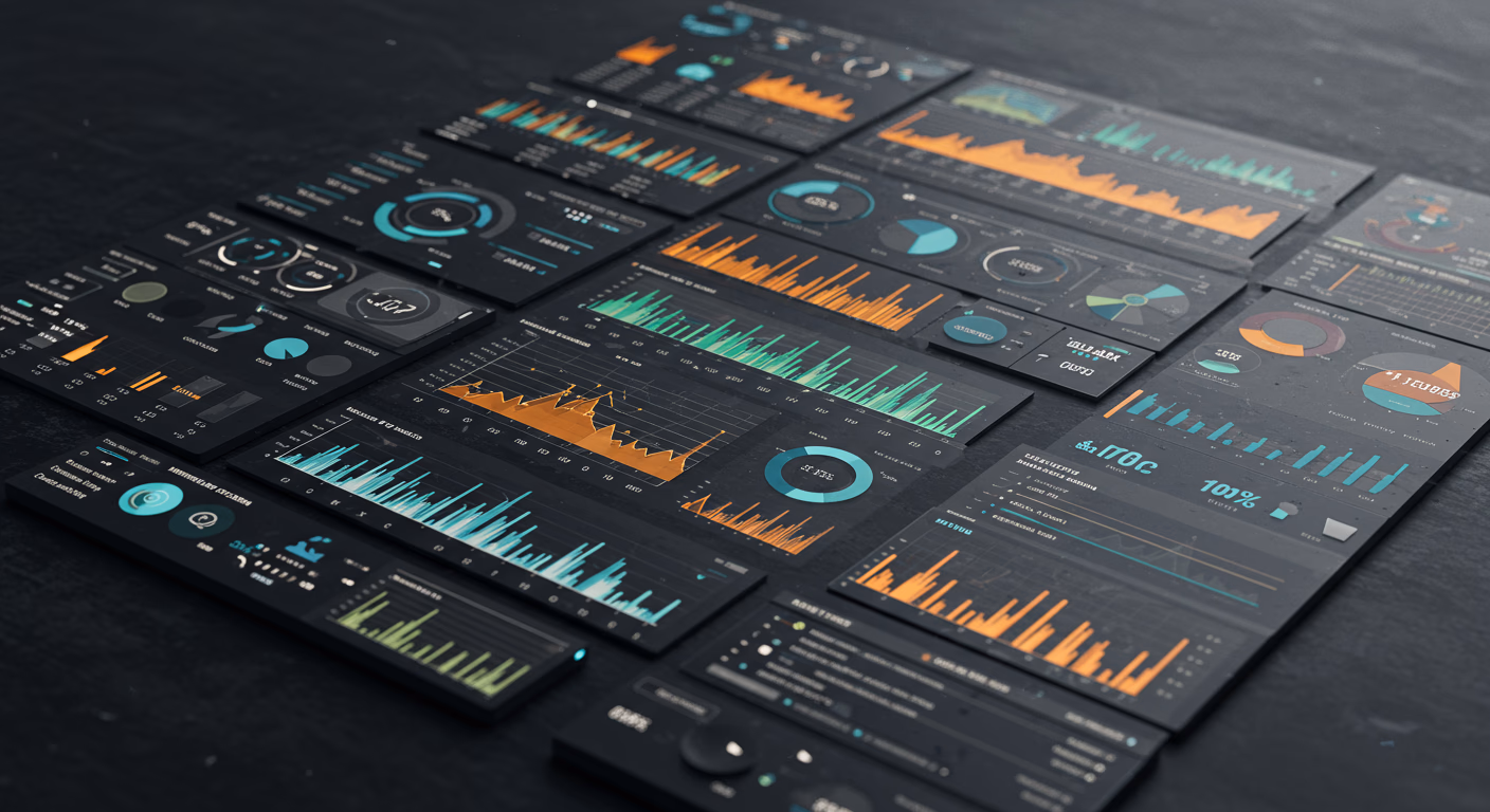Data visualization dashboard showing colorful charts, graphs, and analytics information