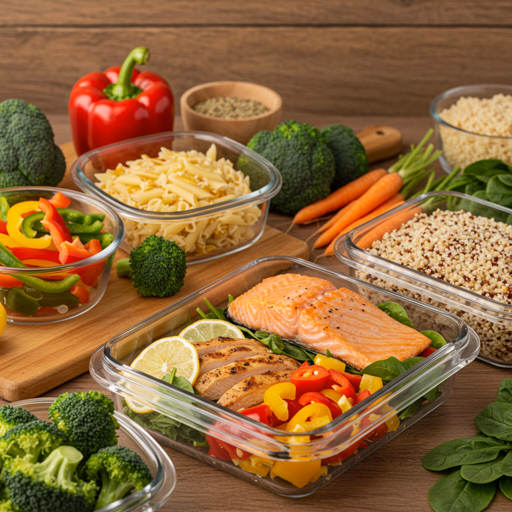 Healthy Meals Nutritious Food Meal Prep Healthy meals showing nutritious food options and colorful meal prep containers