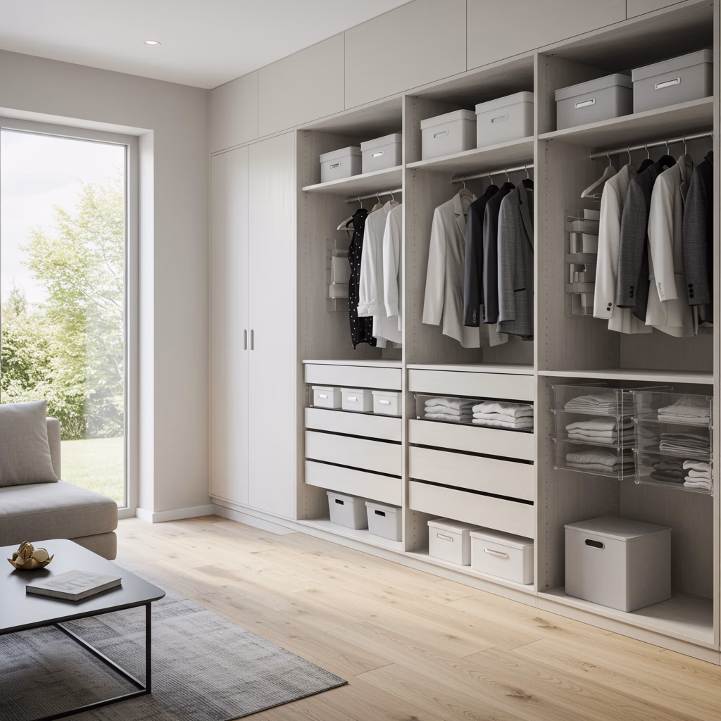 Home organization showing neat storage solutions and organized living space systems