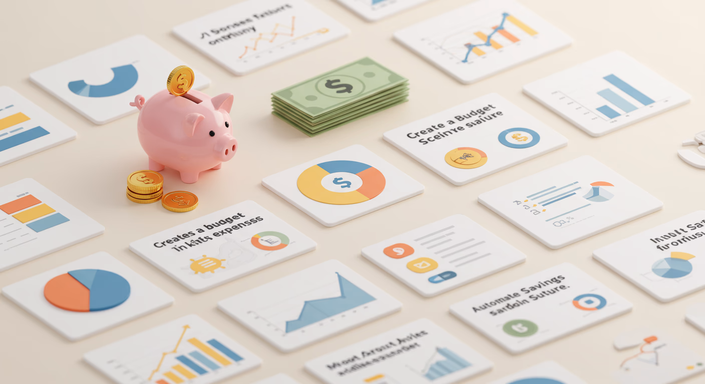 Money saving tips infographic with coins, piggy bank, and financial advice