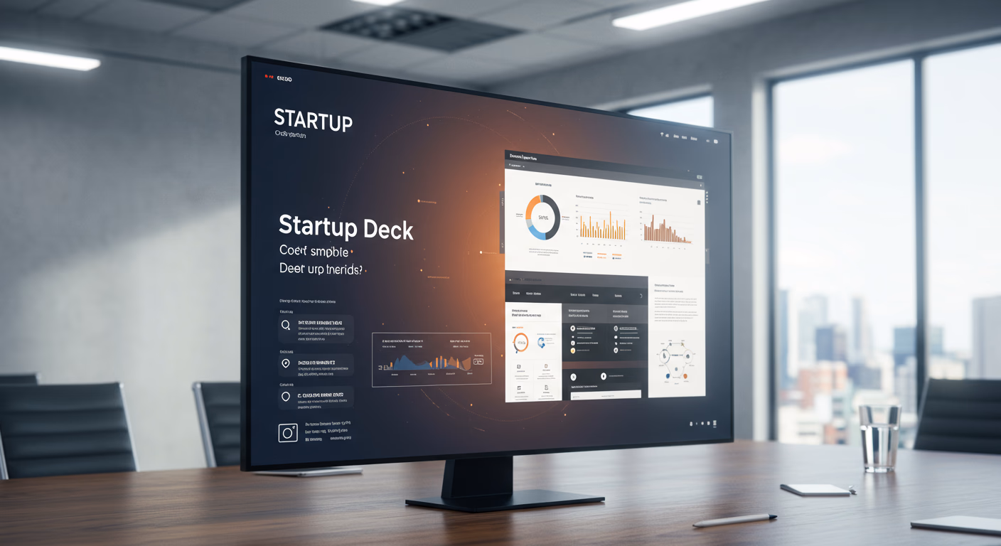 Startup pitch deck presentation slides displayed on laptop and projector screen