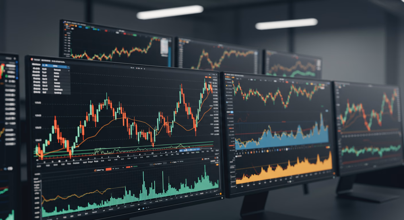 Stock market charts showing price movements and trading data on computer screen
