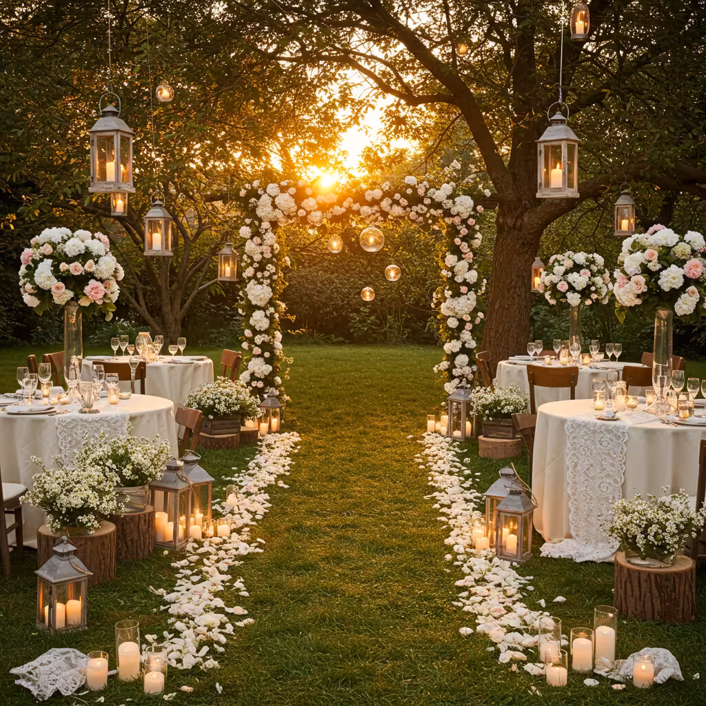 Elegant wedding decorations with flowers, candles, and beautiful ceremony setup
